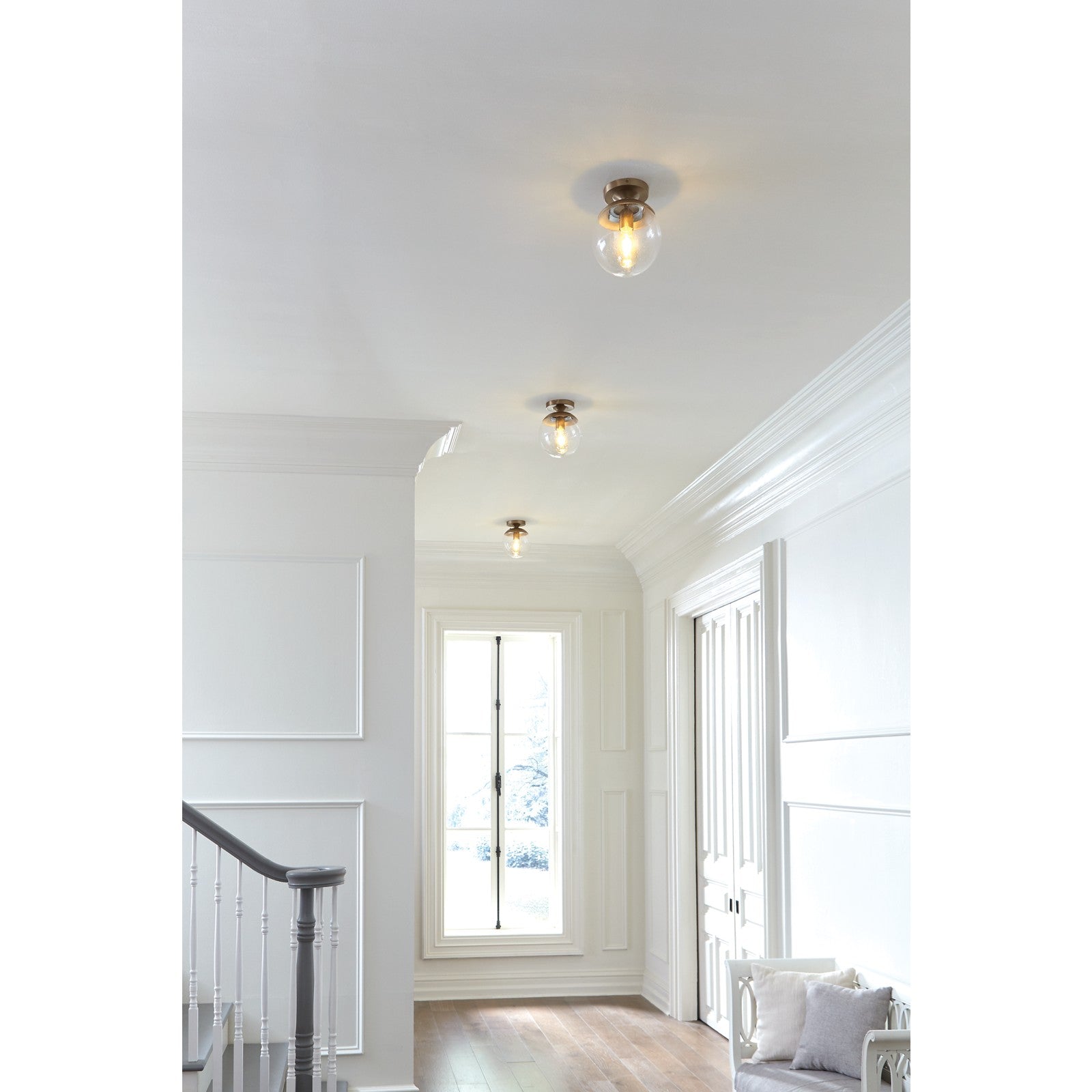 Leo Hanging Globe Flush Mount in Satin Aluminum with Smooth White Glass - Visual Comfort Ceiling Lights