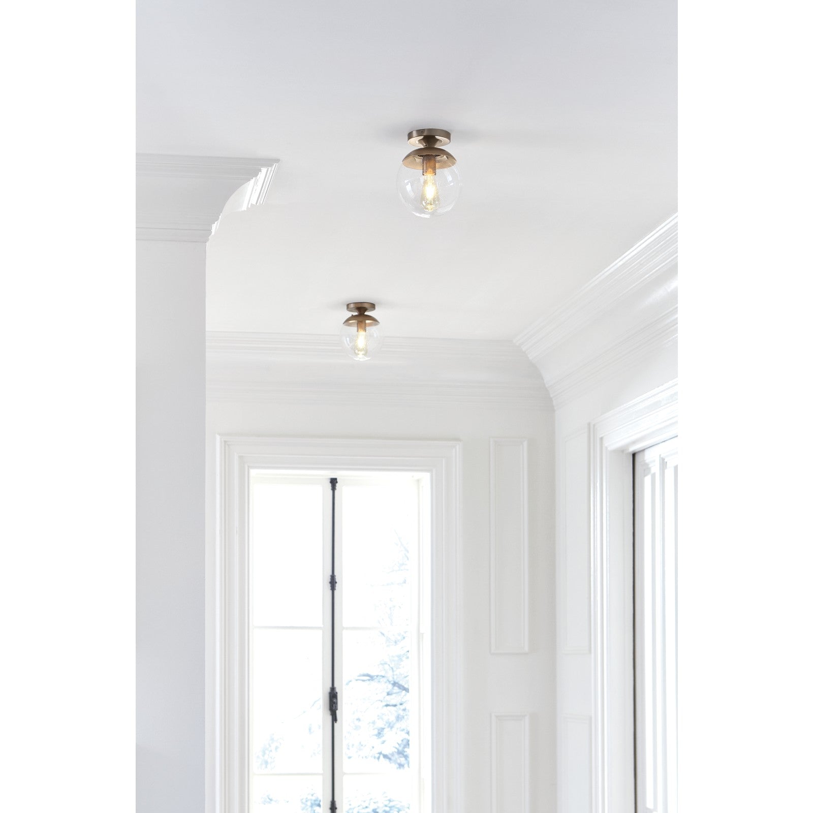 Leo Hanging Globe Flush Mount in Satin Aluminum with Smooth White Glass - Visual Comfort Ceiling Lights