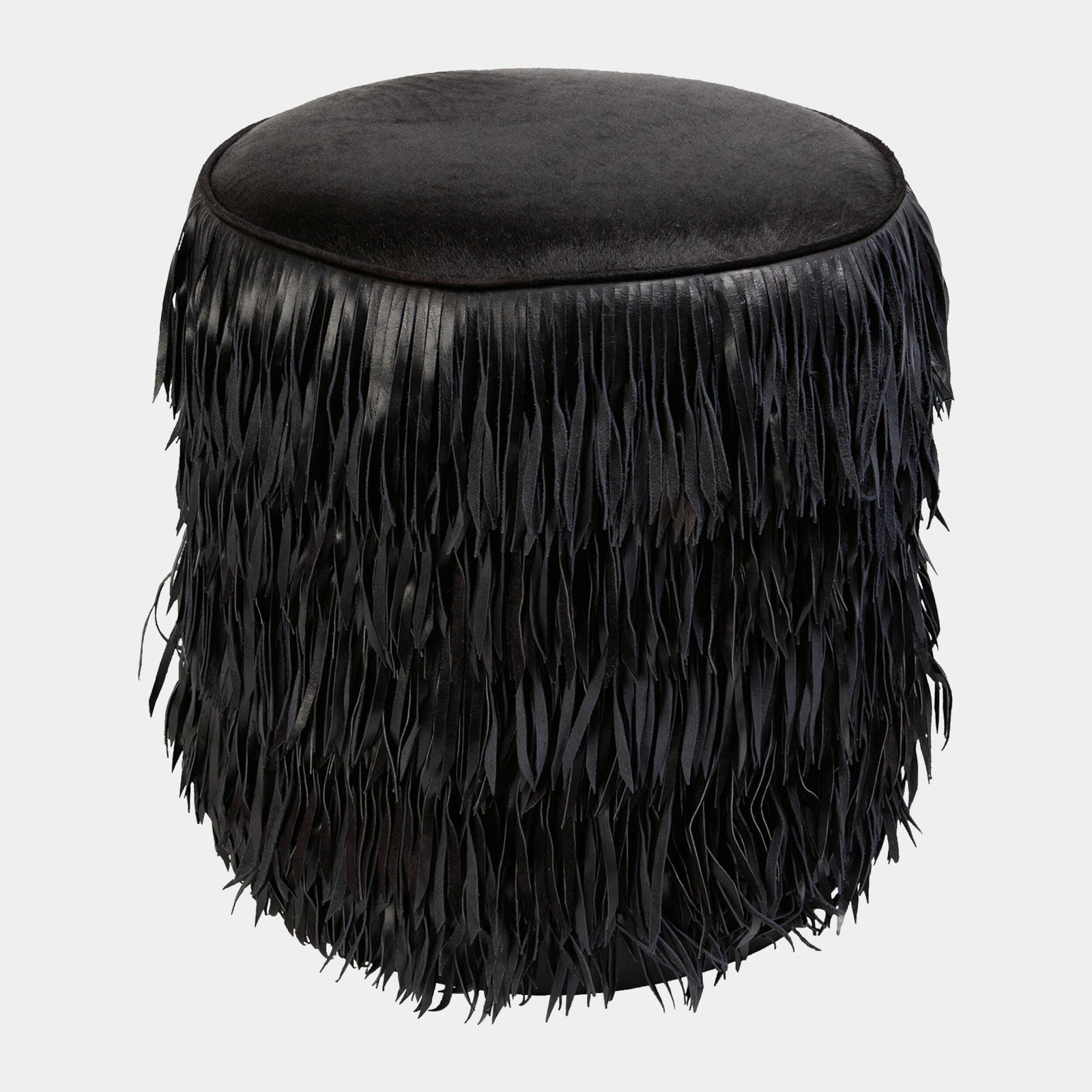 Global Views Thelma Fringe Ottoman Black Hair-on-Hide – detail